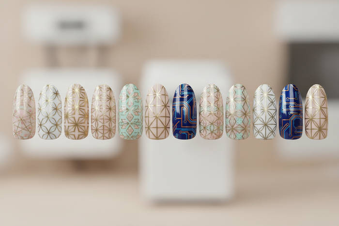 artistic macro image of press-on nail tips aligned in a precise row, each one featuring high-definition patterns with perfectly sharp edges, subtle reflections hinting at a high-tech application process, minimal pastel background, clean futuristic aesthetic without depicting any machine.
soft diffused lighting, pastel beige and cream tones, premium beauty brand aesthetic, minimal background, shallow depth of field, elegant composition, high-detail macro photography, clean editorial look, natural skin tones