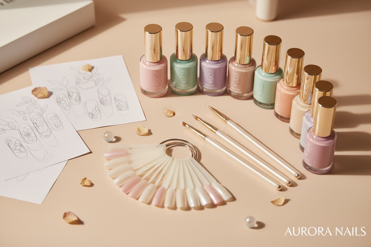 artistic top-down shot of a small nail design workspace, sketches, gel bottles, brushes, blank nail tips arranged aesthetically, soft pastel desk, minimal beauty studio vibe.
soft diffused lighting, pastel beige and cream tones, premium beauty brand aesthetic, minimal background, shallow depth of field, elegant composition, high-detail macro photography, clean editorial look, natural skin tones, 85mm lens, studio quality