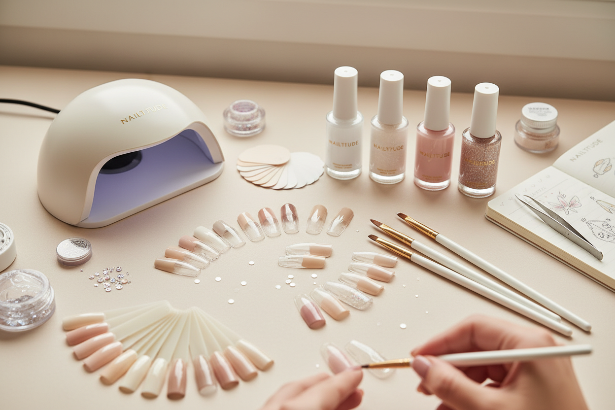 flat lay of the Nailtitude workspace: press-on nail tips, color swatches, gel bottles, precision brushes, and a small UV lamp arranged neatly on a pastel desk, light artistic clutter, showing the artisan process behind Nailtitude.
soft diffused lighting, pastel beige and cream tones, premium beauty brand aesthetic, minimal background, shallow depth of field, elegant composition, high-detail macro photography, clean editorial look, natural skin tones, 85mm lens, studio quality.
