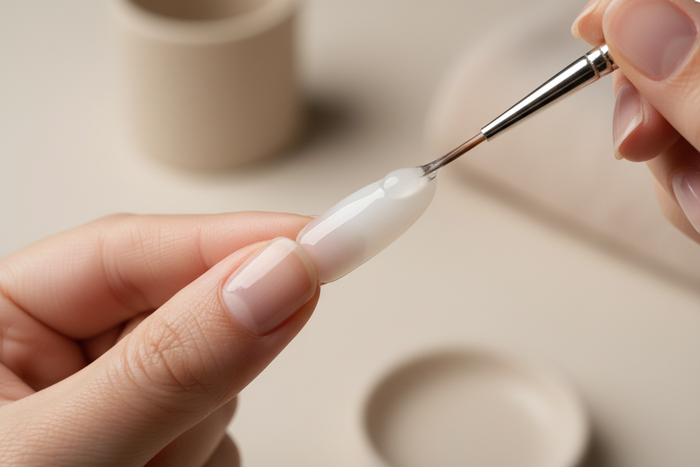macro shot of gel top coat being applied to a nail tip with a fine brush, glossy reflection, soft blurred background.
soft diffused lighting, pastel beige and cream tones, premium beauty brand aesthetic, minimal background, shallow depth of field, elegant composition, high-detail macro photography, clean editorial look, natural skin tones, 85mm lens, studio quality.