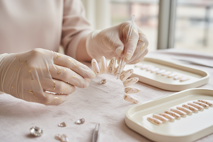 macro shot of hands wearing thin, nail-design gloves gently inspecting press-on nail tips, delicate handling, nails neatly arranged in an elegant layout, premium quality control atmosphere, attention to micro-details, soft pastel background, beauty studio environment, high-end product photography.
soft diffused lighting, pastel beige and cream tones, premium beauty brand aesthetic, minimal background, shallow depth of field, elegant composition, high-detail macro photography, clean editorial look, natu