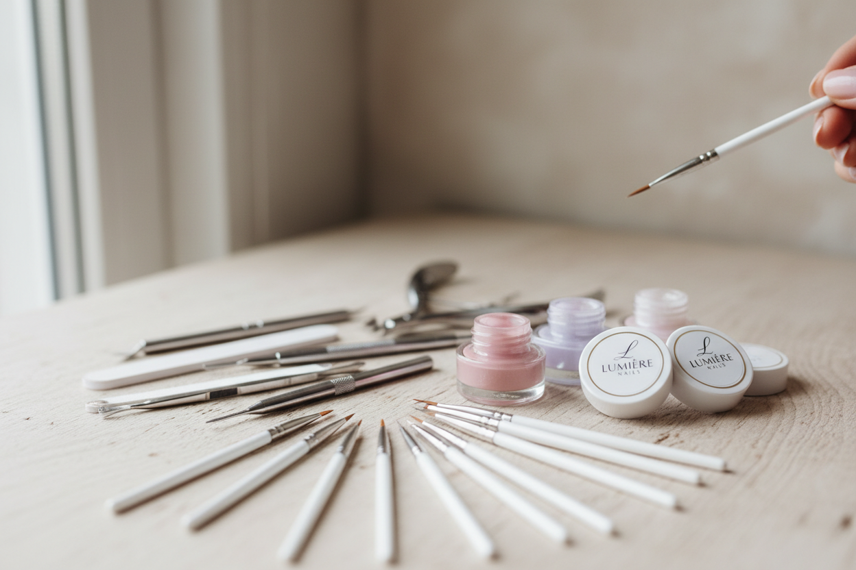 nail artisan tools, brushes, gel pots, minimal handcrafted atmosphere.
soft diffused lighting, premium beauty brand aesthetic, minimal background, shallow depth of field, elegant composition, high-detail macro photography, clean editorial look, natural skin tones, 85mm lens, studio quality.