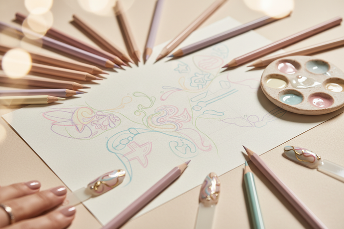 soft diffused lighting, pastel beige and cream tones, premium beauty brand aesthetic, minimal background, shallow depth of field, elegant composition, high-detail macro photography, clean editorial look, natural skin tones, 85mm lens, studio quality.
creative nail design concept sketch on paper, colored pencils, sample nail tips, small palette, minimal artisan workspace, pastel tones.