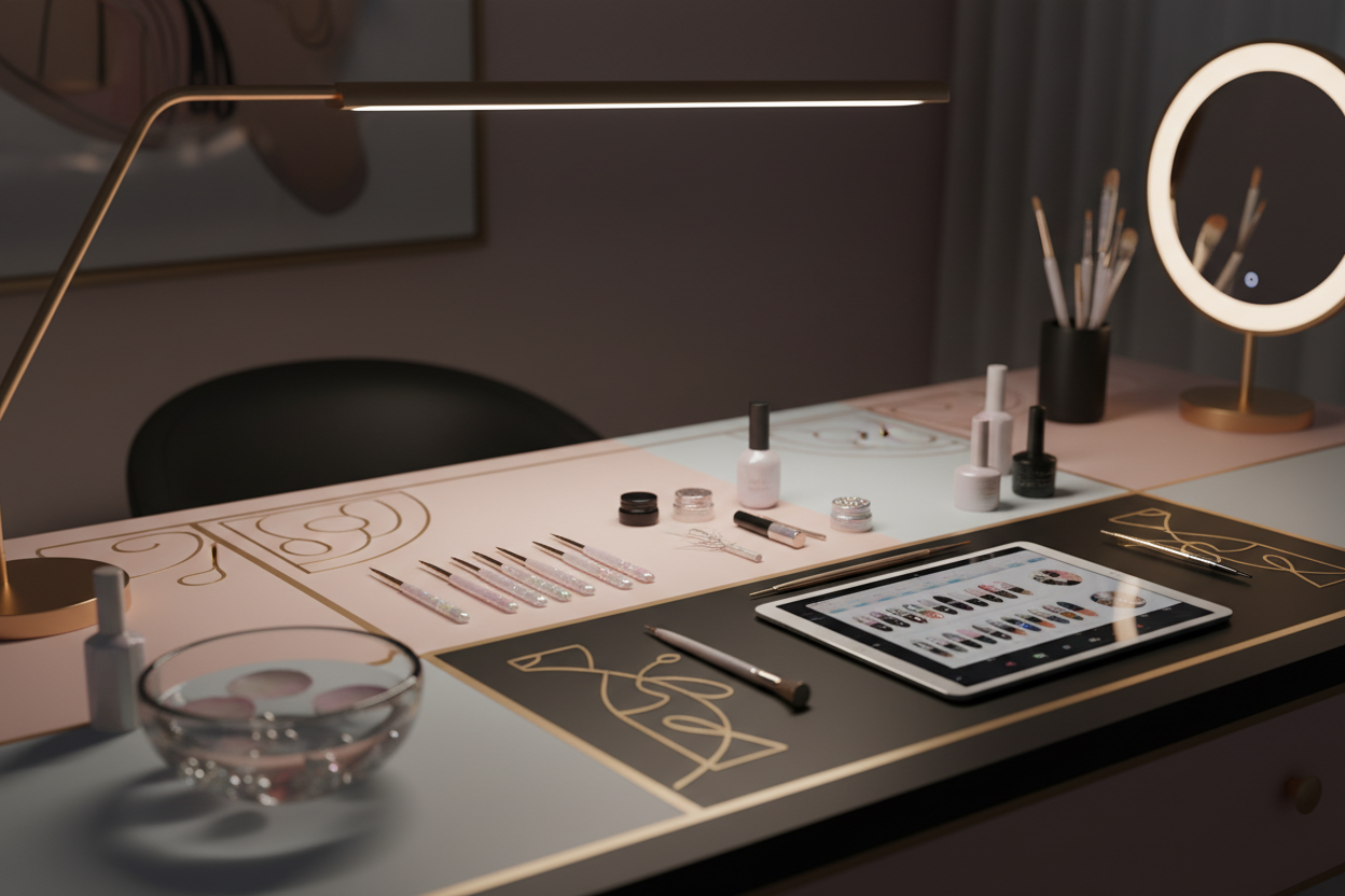 soft pastel beauty studio scene, gentle lighting, minimal desk with nail design tools, elegant composition, premium beauty brand aesthetic.
matte black surfaces, soft brushed gold elements, precise geometric forms mixed with subtle calligraphic curves, handcrafted aesthetic with modern high-tech touches, warm dim lighting, premium artisan beauty brand style, macro photography, elegant composition, shallow depth of field, premium editorial tone
